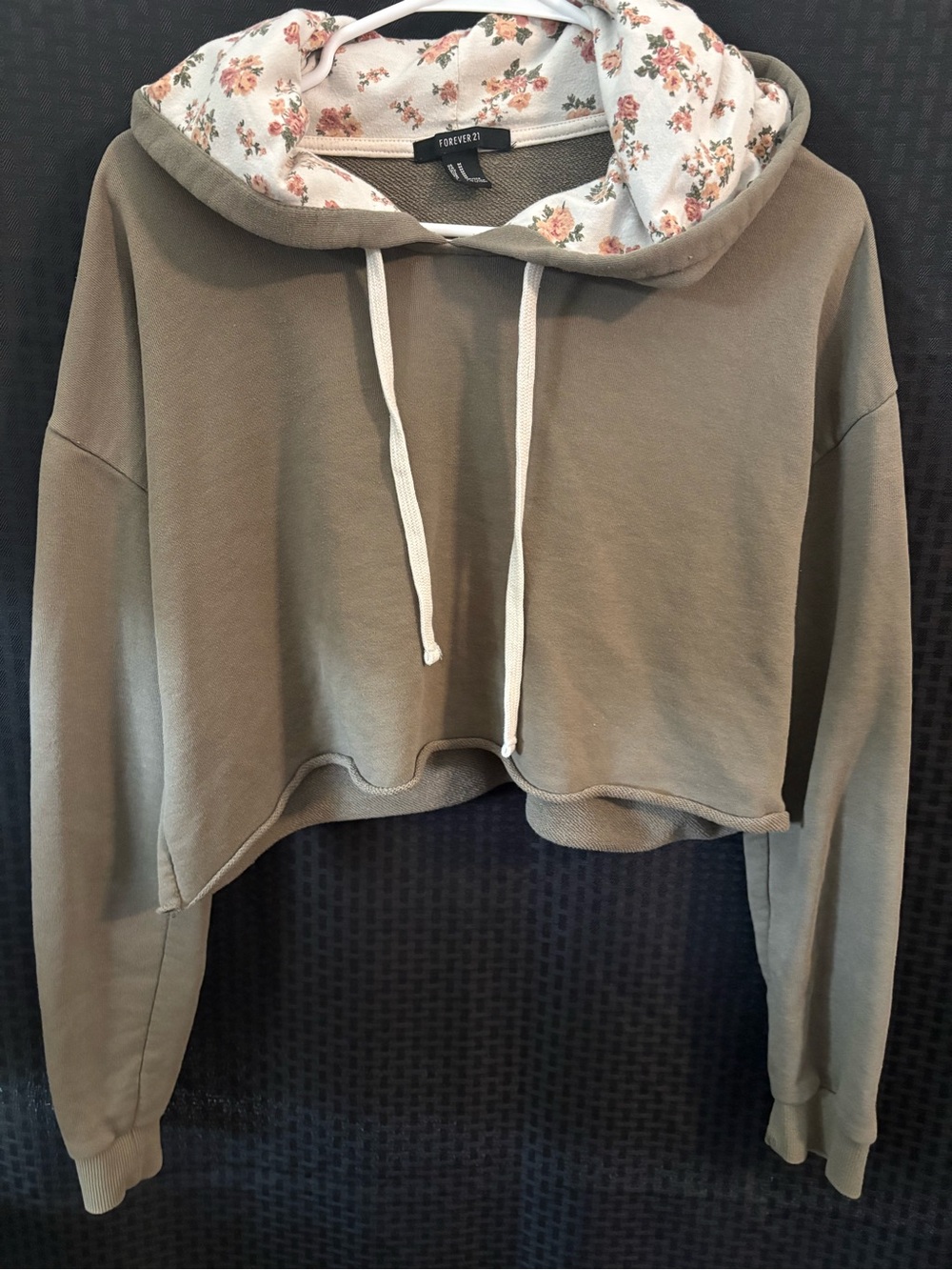 Forever 21 Olive Cropped Hoodie with Floral Lined Hood